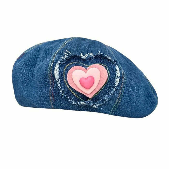 Y2K Grunge Heart Patch Denim Beret Hat - Retro 90s Fashion, Y2K Summer & Party Out