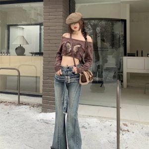 Y2K Grunge High Waist Bell-Bottoms - Retro 90s Fashion, Summer Y2K Outfits,