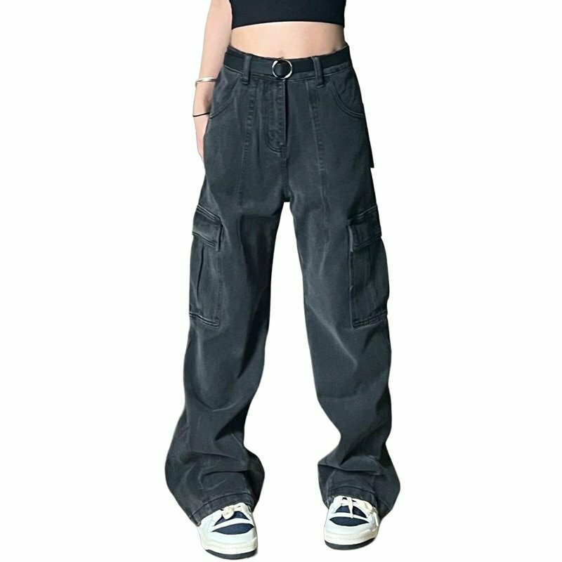 Y2K Grunge High Waist Cargo Wide Leg Jeans - 90s Retro Summer Outfit Essentials