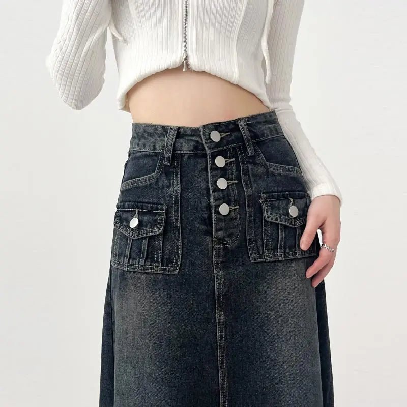 Y2K Grunge High-Waisted Cargo Denim Midi Skirt - Retro 90s Summer Fashion Outfit