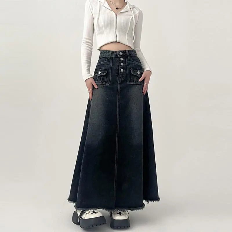 Y2K Grunge High-Waisted Cargo Denim Midi Skirt - Retro 90s Summer Fashion Outfit