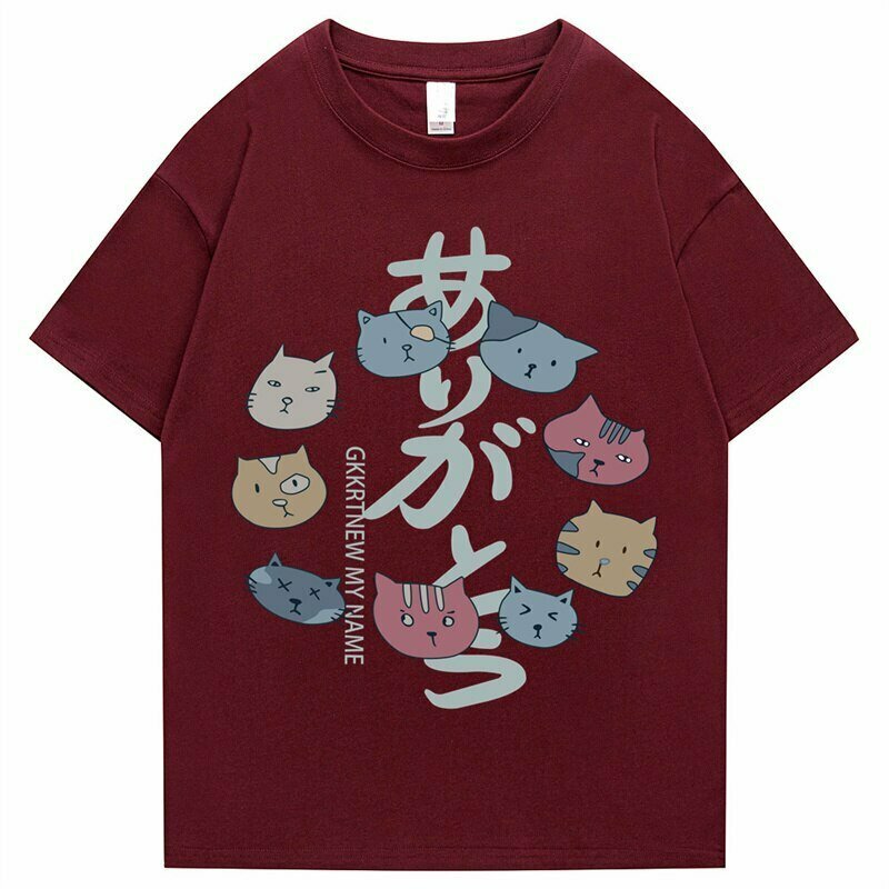 Y2K Grunge Hip Hop Kanji Cat T-Shirt - Retro 90s Fashion, Summer Y2K Outfits