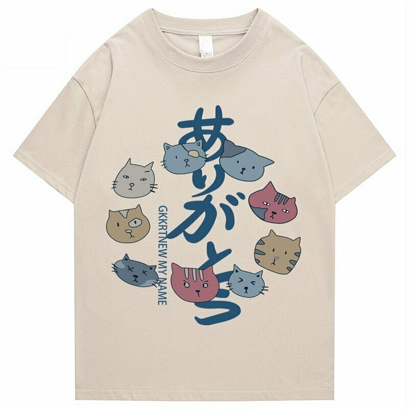 Y2K Grunge Hip Hop Kanji Cat T-Shirt - Retro 90s Fashion, Summer Y2K Outfits