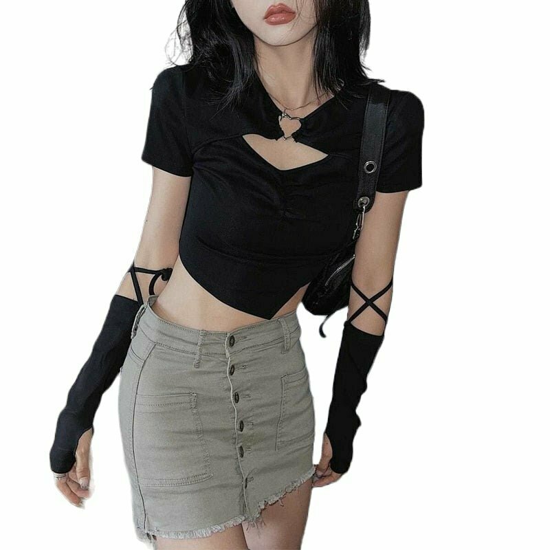 Y2K Grunge Hollow Out Casual Crop Top - Retro 90s Summer Outfit, Pastel Goth Style