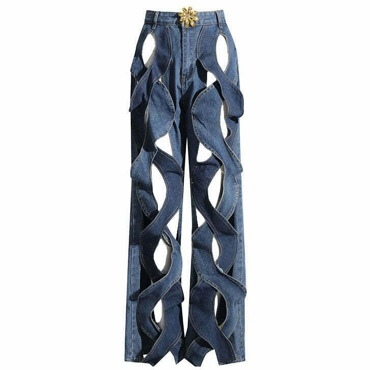 Y2K Grunge Hollow Out Criss Cross Jeans - Retro 90s Fashion, Summer Y2K Outfits