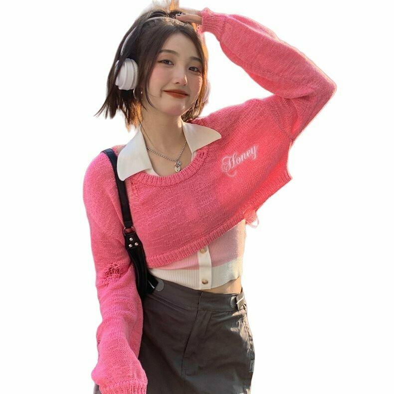 Y2K Grunge Hollow Out Cropped Sweater - Retro 90s Summer Outfit, Pastel Goth Style