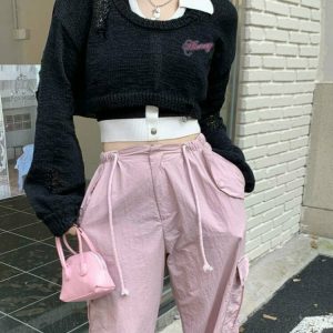 Y2K Grunge Hollow Out Cropped Sweater - Retro 90s Summer Outfit, Pastel Goth Style