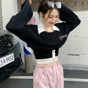 Y2K Grunge Hollow Out Cropped Sweater - Retro 90s Summer Outfit, Pastel Goth Style