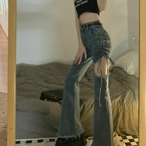 Y2K Grunge Hollow Out Denim Flare Pants - Retro 90s Summer Outfit, Y2K Club & Party