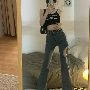 Y2K Grunge Hollow Out Denim Flare Pants - Retro 90s Summer Outfit, Y2K Club & Party