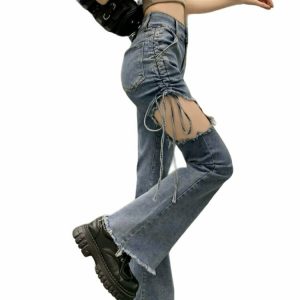 Y2K Grunge Hollow Out Denim Flare Pants - Retro 90s Summer Outfit, Y2K Club & Party