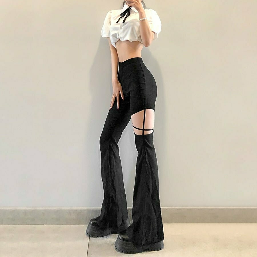 Y2K Grunge Hollow Out Flare Pants - Retro 90s Fashion, Gothic Y2K Summer Outfit