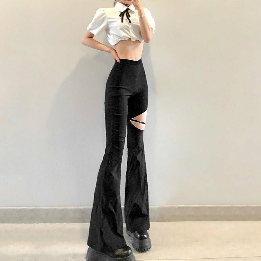 Y2K Grunge Hollow Out Flare Pants - Retro 90s Fashion, Gothic Y2K Summer Outfit