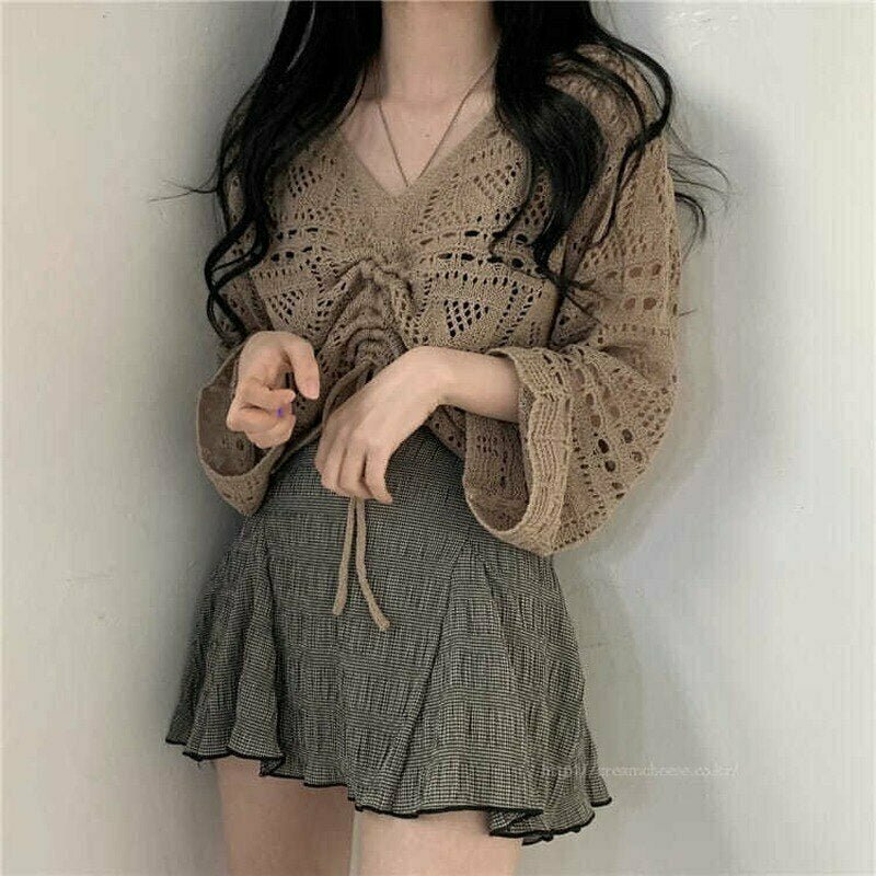 Y2K Grunge Hollow Out Knit Sweater - Retro 90s Aesthetic, Summer Party Outfit