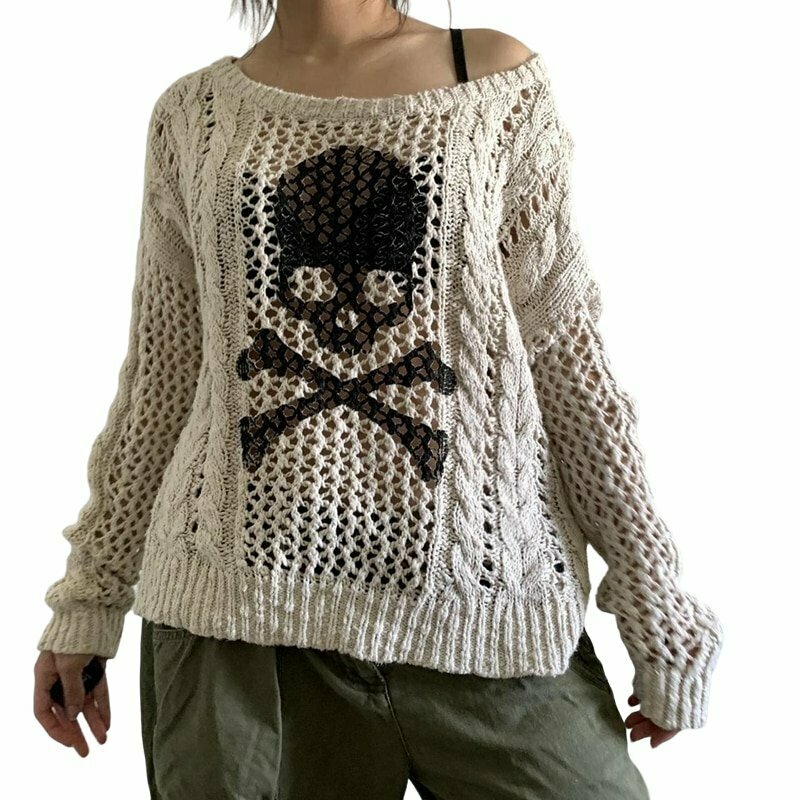 Y2K Grunge Hollow Out Knitted Sweater - Retro 90s Fashion, Summer Y2K Outfits,