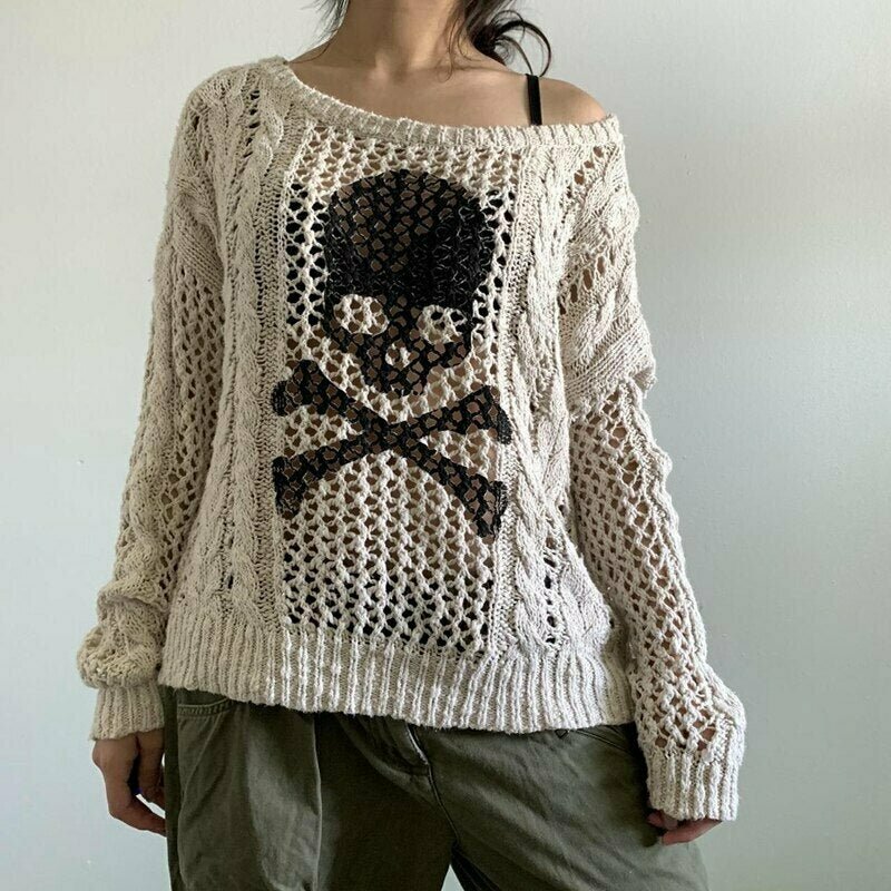 Y2K Grunge Hollow Out Knitted Sweater - Retro 90s Fashion, Summer Y2K Outfits,