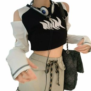 Y2K Grunge Hollow Out Long Sleeve Crop Top - Retro 90s Summer Party Outfit