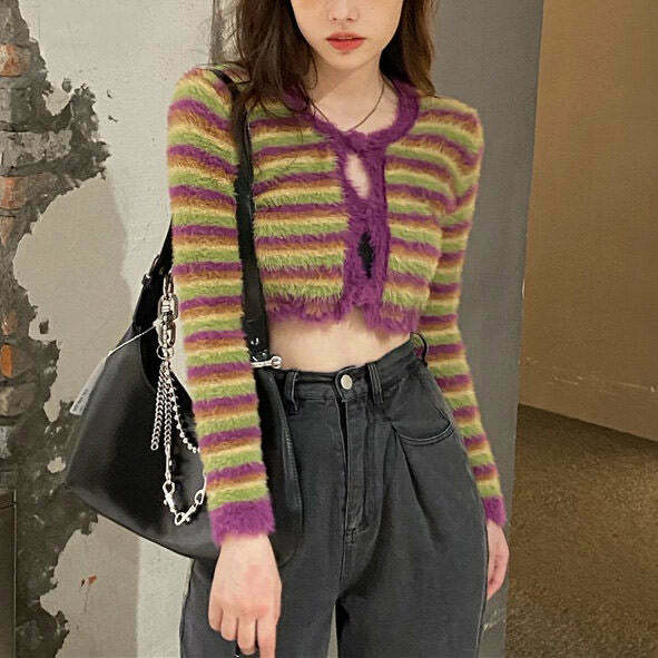 Y2K Grunge Indie Kid Fuzzy Cardigan - Retro 90s Summer Outfit, Pastel Goth, Y2