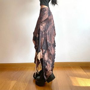 Y2K Grunge Irregular Brown Skirt - Retro 90s Fashion, Summer Y2K Outfits, Gothic