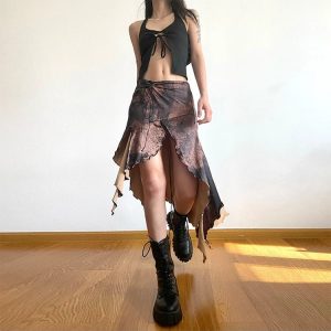 Y2K Grunge Irregular Brown Skirt - Retro 90s Fashion, Summer Y2K Outfits, Gothic