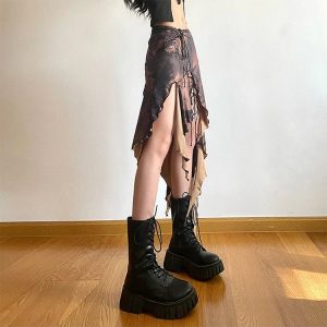 Y2K Grunge Irregular Brown Skirt - Retro 90s Fashion, Summer Y2K Outfits, Gothic