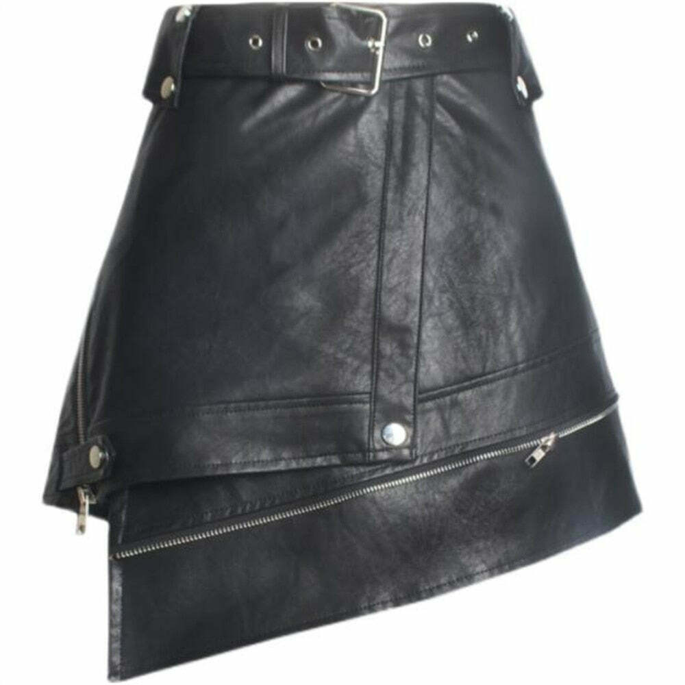 Y2K Grunge Irregular Leather A-line Skirt - Retro 90s Fashion, Summer Y2K Outfits