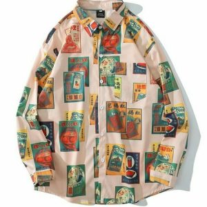 Y2K Grunge Japanese Printed Shirt - Retro 90s Fashion, Summer Y2K Outfits, Pastel Goth