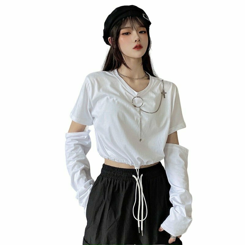 Y2K Grunge Japanese Style T-Shirt with Chain - Retro 90s Summer Outfit, Y2K Fashion