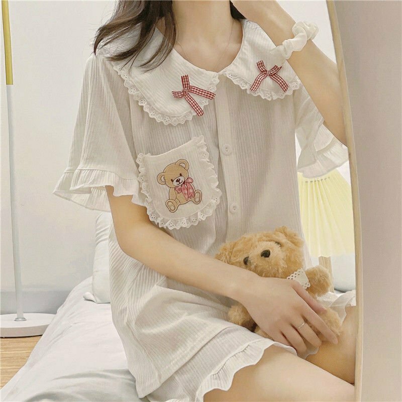 Y2K Grunge Kawaii Ruffle Pajama Set - 90s Retro Summer Outfit, Pastel Goth Sleepwear