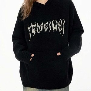 Y2K Grunge Knit Hoodie - Retro 90s Fashion, Summer Y2K Outfits, Pastel Goth Style