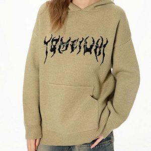 Y2K Grunge Knit Hoodie - Retro 90s Fashion, Summer Y2K Outfits, Pastel Goth Style