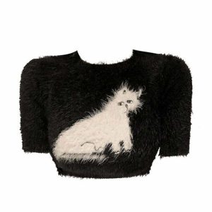 Y2K Grunge Knitted Kitten Crop Top - Retro 90s Summer Fashion, Baby Tees, Y2