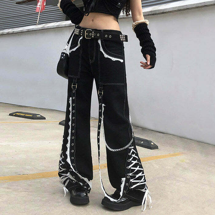 Y2K Grunge Lace Up Baggy Jeans - Retro 90s Fashion, Summer Y2K Outfits, Gothic