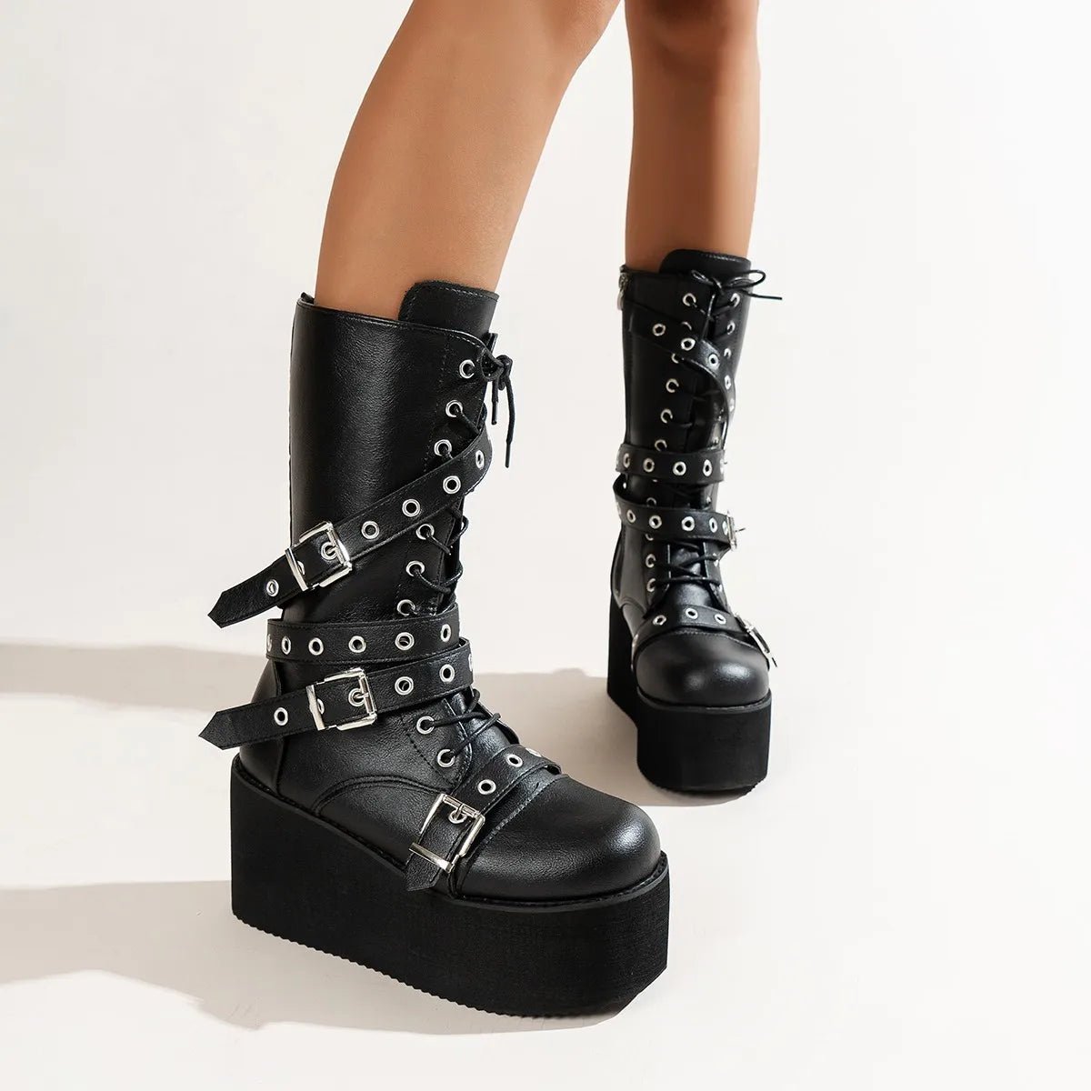 Y2K Grunge Lace Up Buckle Wedge Boots - Retro 90s Fashion, Gothic Y2K, Summer