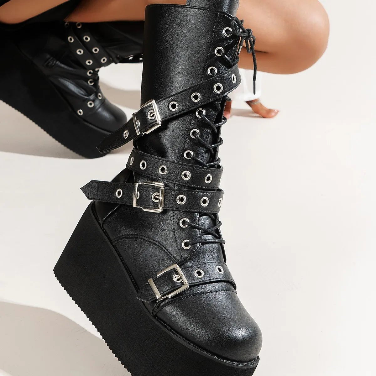 Y2K Grunge Lace Up Buckle Wedge Boots - Retro 90s Fashion, Gothic Y2K, Summer