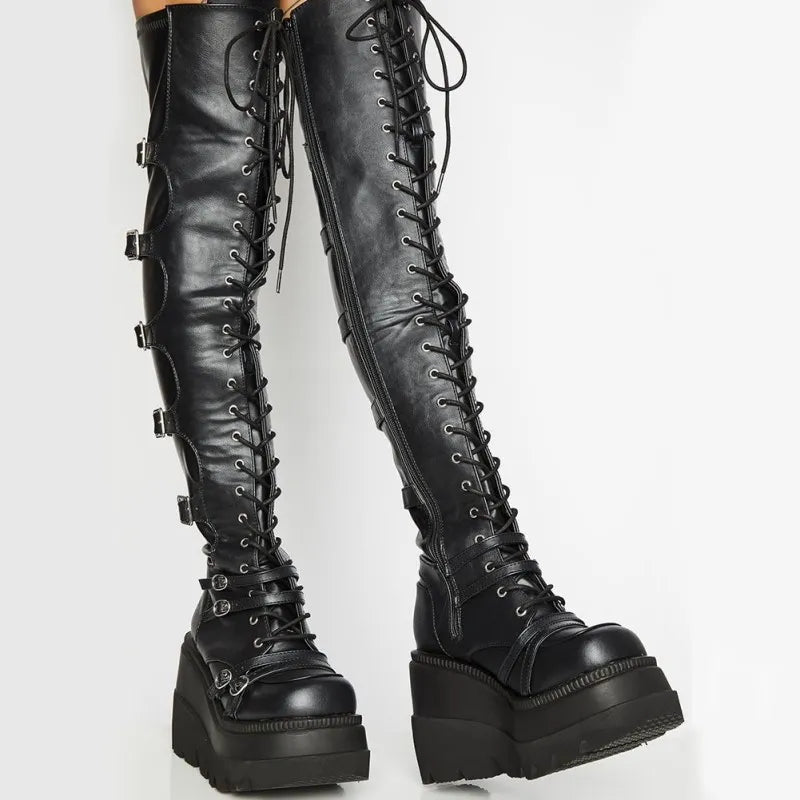 Y2K Grunge Lace-Up Thigh Boots - Retro 90s Fashion, Gothic Y2K, Summer Party Out