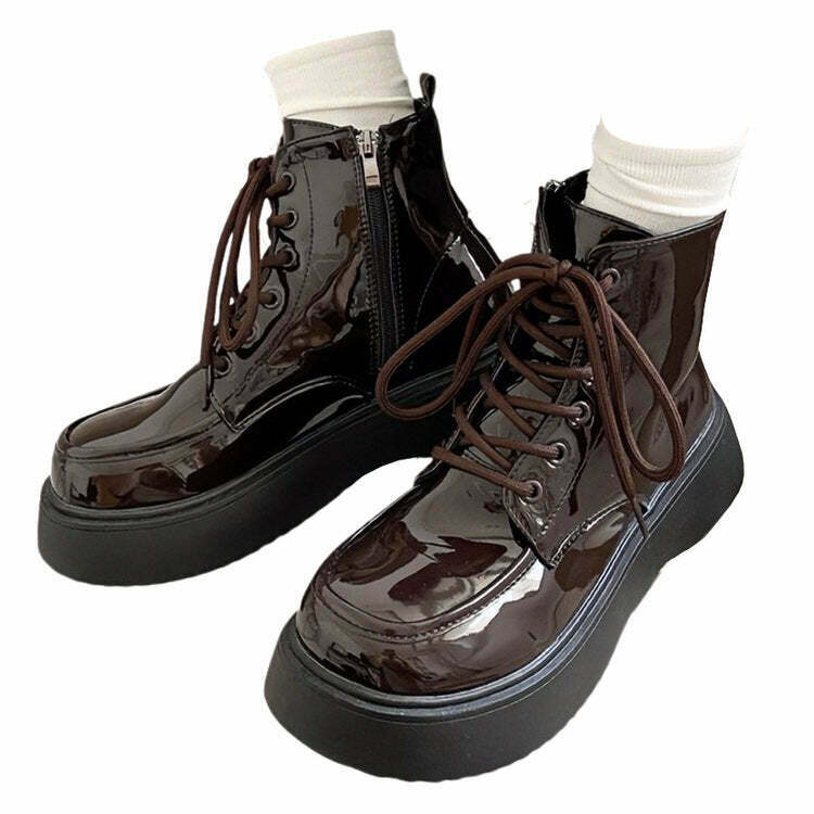 Y2K Grunge Lacquered Lace-Up Boots - Retro 90s Fashion, Gothic Y2K, Summer Out