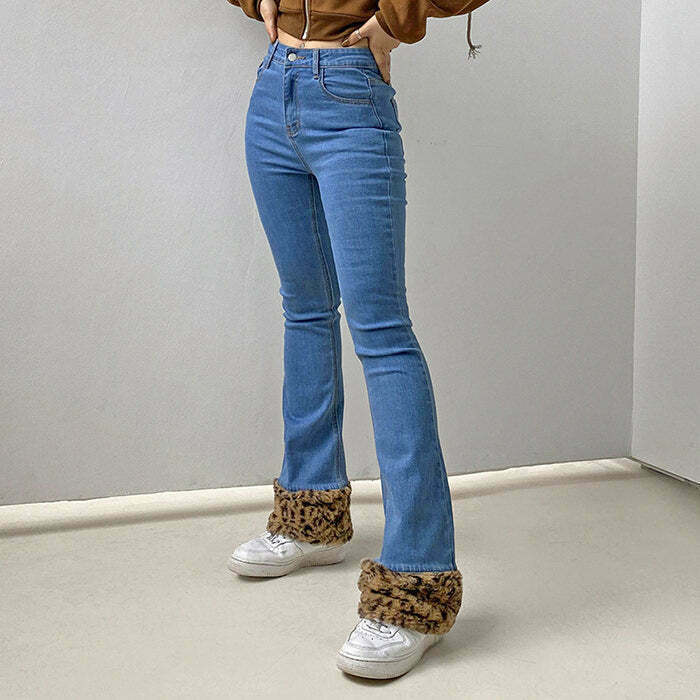 Y2K Grunge Leopard Trim Jeans - Retro 90s Fashion, Summer Outfits, and Clubwear