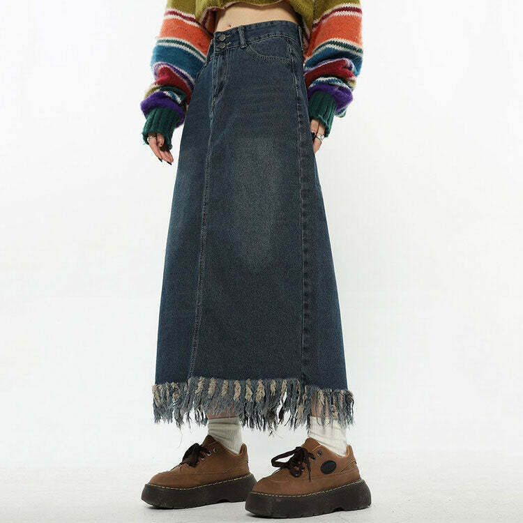 Y2K Grunge Long Denim Fringe Skirt - Retro 90s Fashion, Summer Y2K Outfits, Past