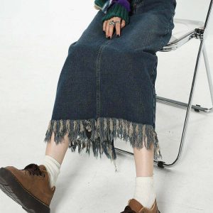 Y2K Grunge Long Denim Fringe Skirt - Retro 90s Fashion, Summer Y2K Outfits, Past