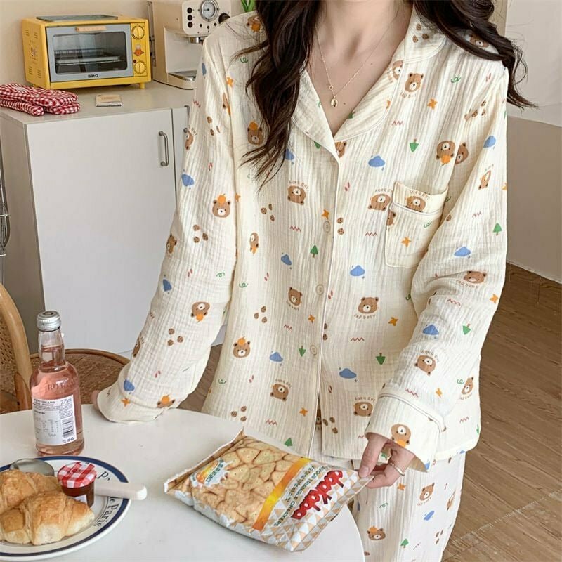 Y2K Grunge Long Sleeve Bear Print Pajama - Retro 90s Summer Outfit for Women