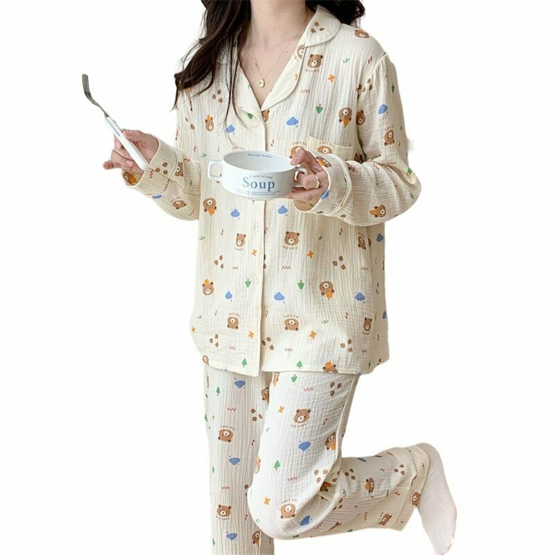 Y2K Grunge Long Sleeve Bear Print Pajama - Retro 90s Summer Outfit for Women