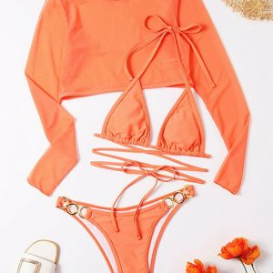 Y2K Grunge Long Sleeve Bikini Swimsuit - Retro 90s Summer Outfit, Pastel Goth Beachwear