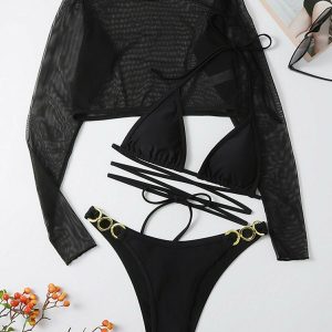 Y2K Grunge Long Sleeve Bikini Swimsuit - Retro 90s Summer Outfit, Pastel Goth Beachwear