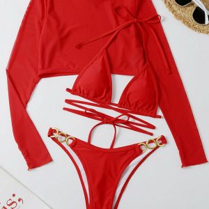 Y2K Grunge Long Sleeve Bikini Swimsuit - Retro 90s Summer Outfit, Pastel Goth Beachwear