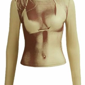 Y2K Grunge Long Sleeve Bodycon Crop Top - 90s Retro Summer Outfit, Gothic Y2K Fashion