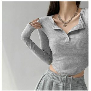 Y2K Grunge Long Sleeve Crop Top - Retro 90s Fashion, Summer Y2K Outfits, Baby Te