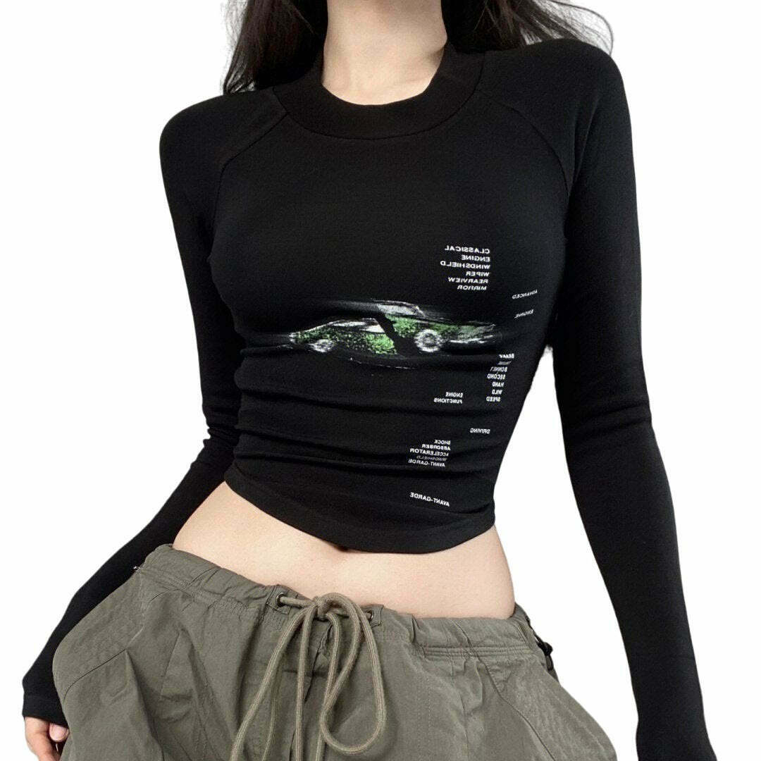 Y2K Grunge Long Sleeve Crop Top - Retro 90s Fashion, Summer Y2K Outfits, Gothic Style