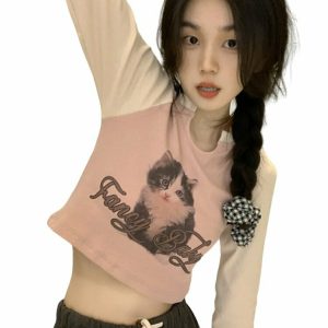 Y2K Grunge Long Sleeve Crop Top 'Fancy Baby' - 90s Retro Summer Outfit, Pastel Goth Style