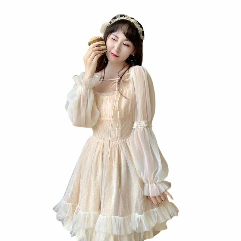 Y2K Grunge Long Sleeve Kawaii Fairy Dress - Retro 90s Summer Outfit, Pastel Goth Style